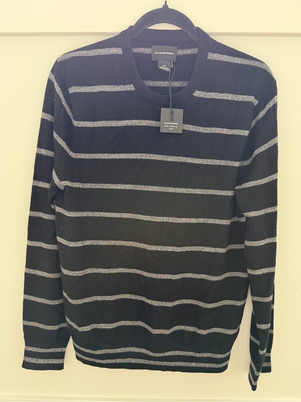 Club Monaco Black Crewneck Sweater with Gray Stripes Men! New!